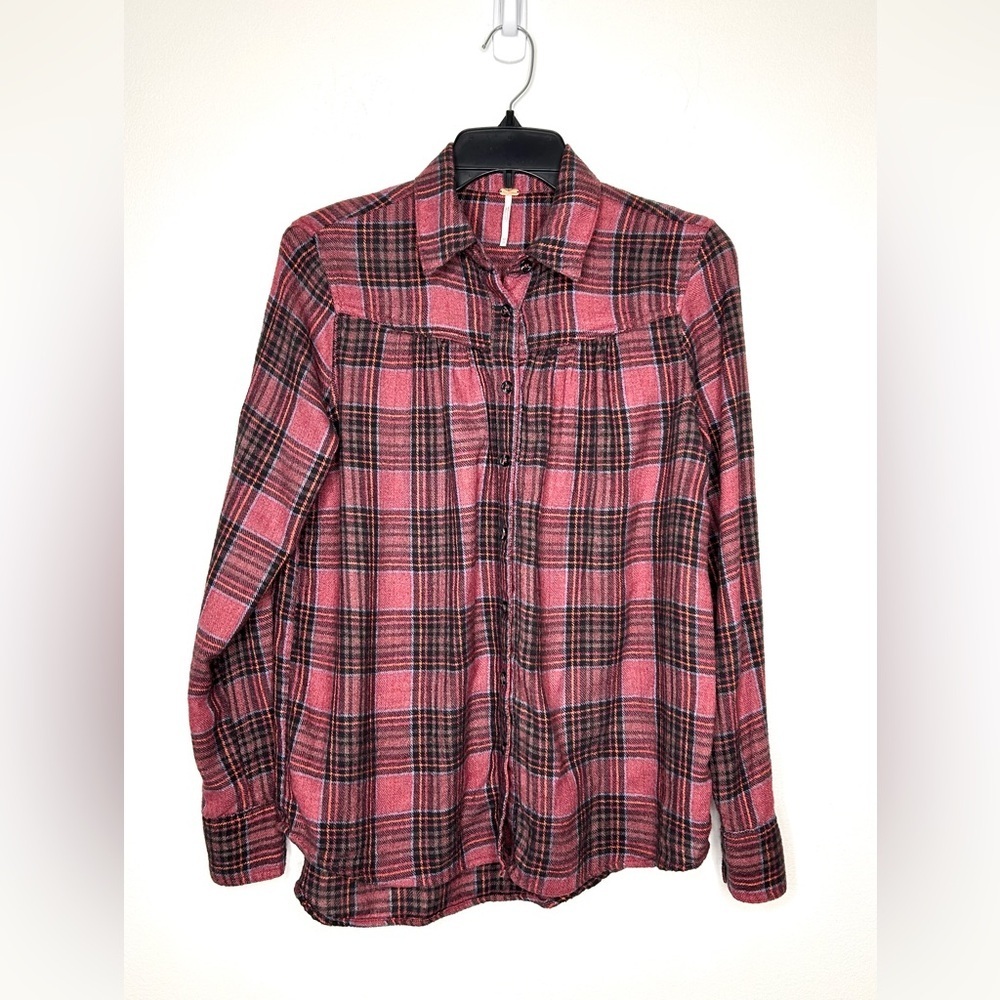 Free People Ashley Plaid Flannel Button Down Shirt XS Red Pink Boho Grunge cabin